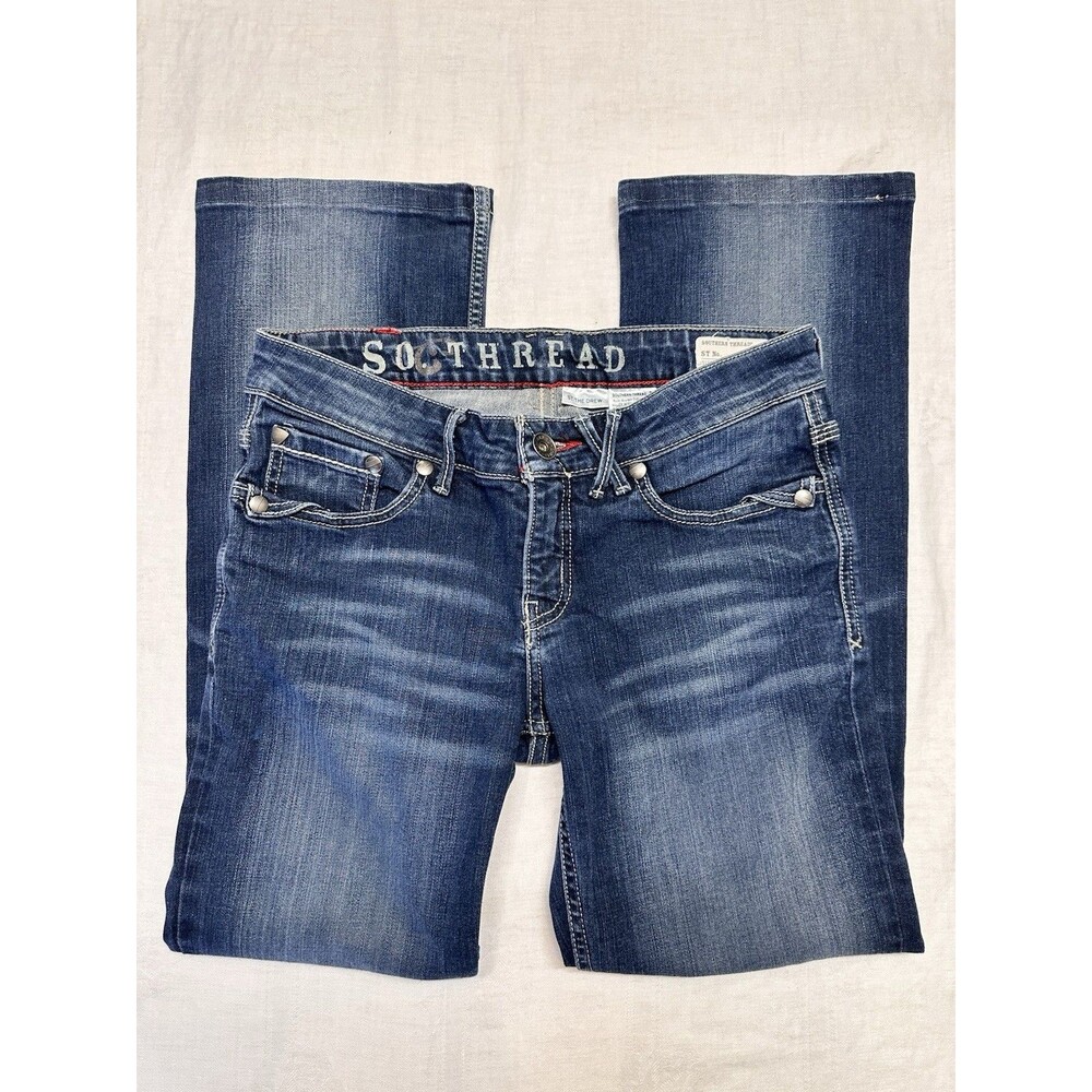 Southern Threads Drew Jeans 28 Low Rise Bootcut flare Zip Detail Embroidered y2k